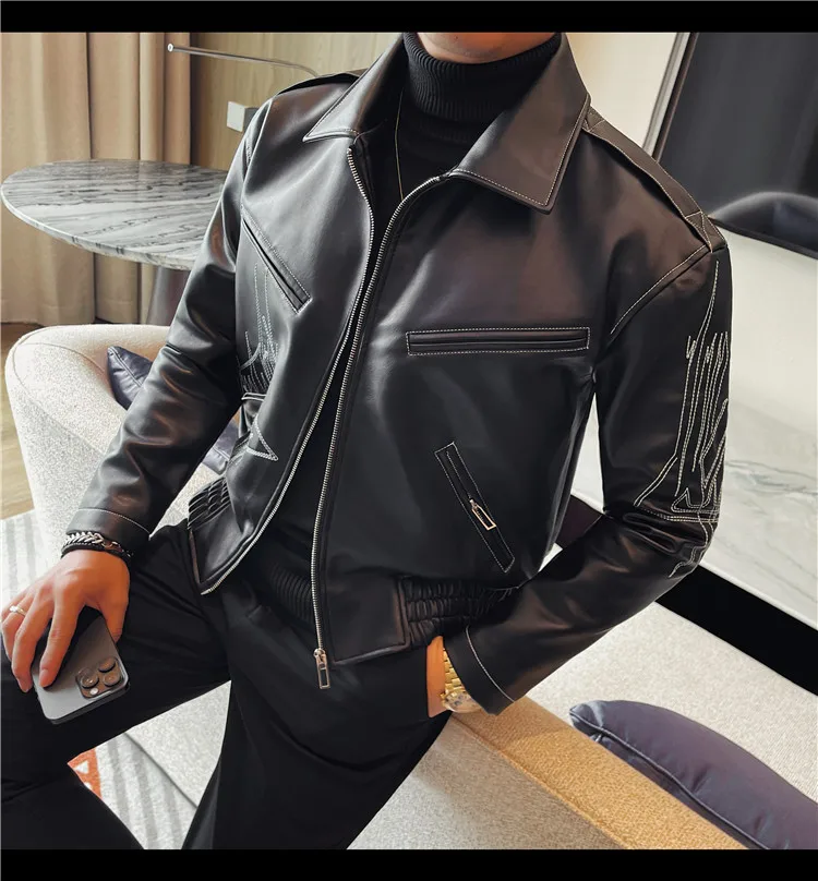 High Quality Fashion Men's Leather Jacket Coat New High-end Lapel Slim Fit Casual Embroidered Thick Jacket Top Men Clothing