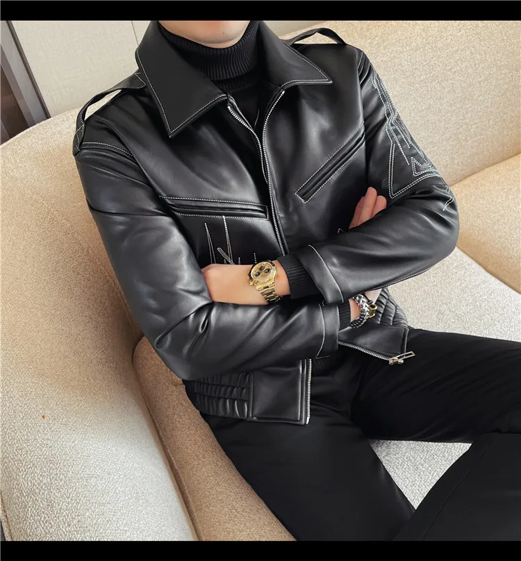 High Quality Fashion Men's Leather Jacket Coat New High-end Lapel Slim Fit Casual Embroidered Thick Jacket Top Men Clothing