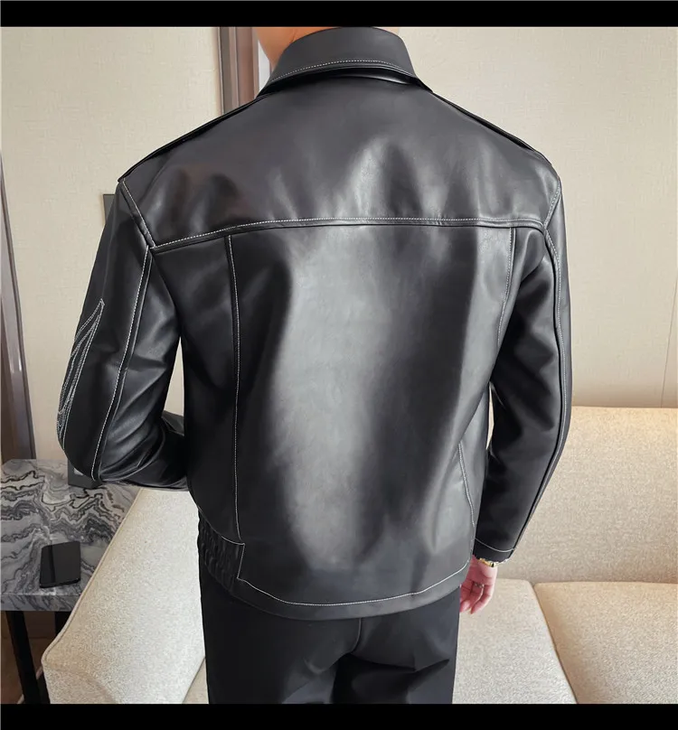 High Quality Fashion Men's Leather Jacket Coat New High-end Lapel Slim Fit Casual Embroidered Thick Jacket Top Men Clothing