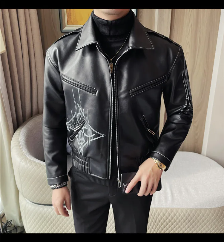 High Quality Fashion Men's Leather Jacket Coat New High-end Lapel Slim Fit Casual Embroidered Thick Jacket Top Men Clothing
