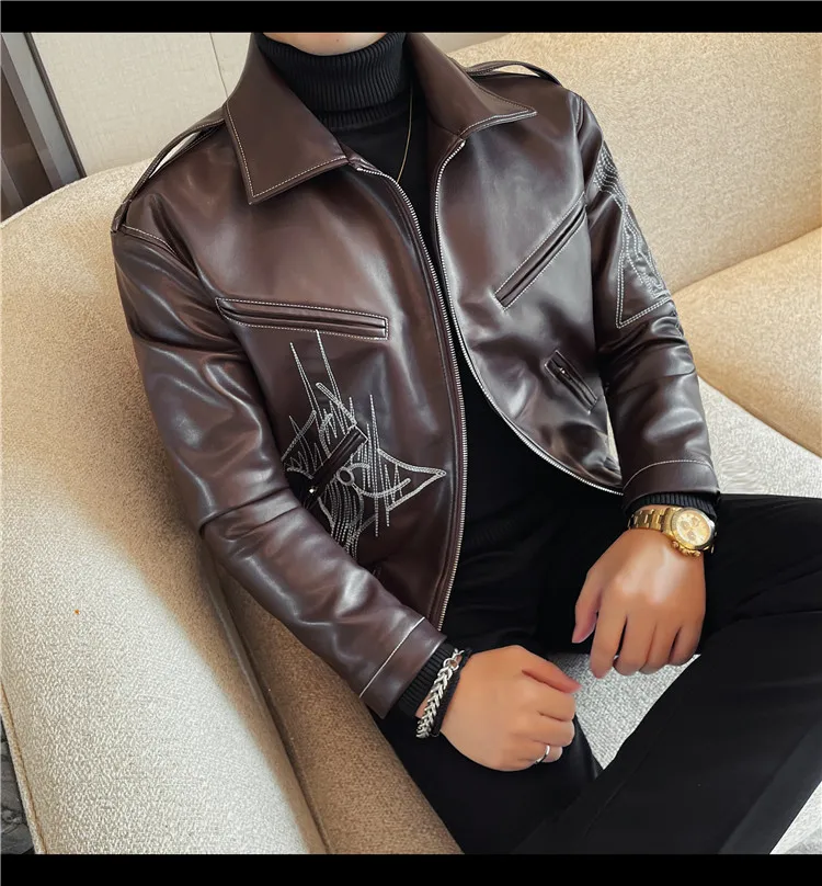 High Quality Fashion Men's Leather Jacket Coat New High-end Lapel Slim Fit Casual Embroidered Thick Jacket Top Men Clothing
