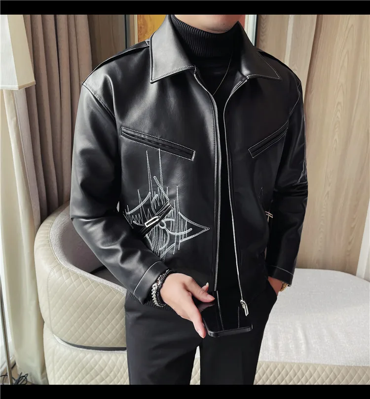 High Quality Fashion Men's Leather Jacket Coat New High-end Lapel Slim Fit Casual Embroidered Thick Jacket Top Men Clothing
