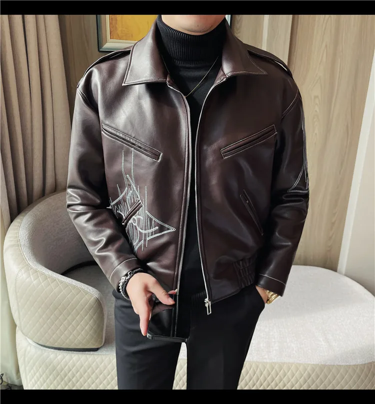 High Quality Fashion Men's Leather Jacket Coat New High-end Lapel Slim Fit Casual Embroidered Thick Jacket Top Men Clothing