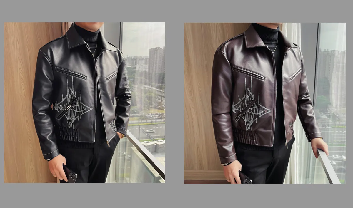 High Quality Fashion Men's Leather Jacket Coat New High-end Lapel Slim Fit Casual Embroidered Thick Jacket Top Men Clothing