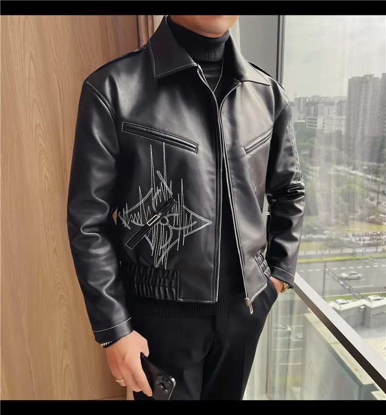 High Quality Fashion Men's Leather Jacket Coat New High-end Lapel Slim Fit Casual Embroidered Thick Jacket Top Men Clothing