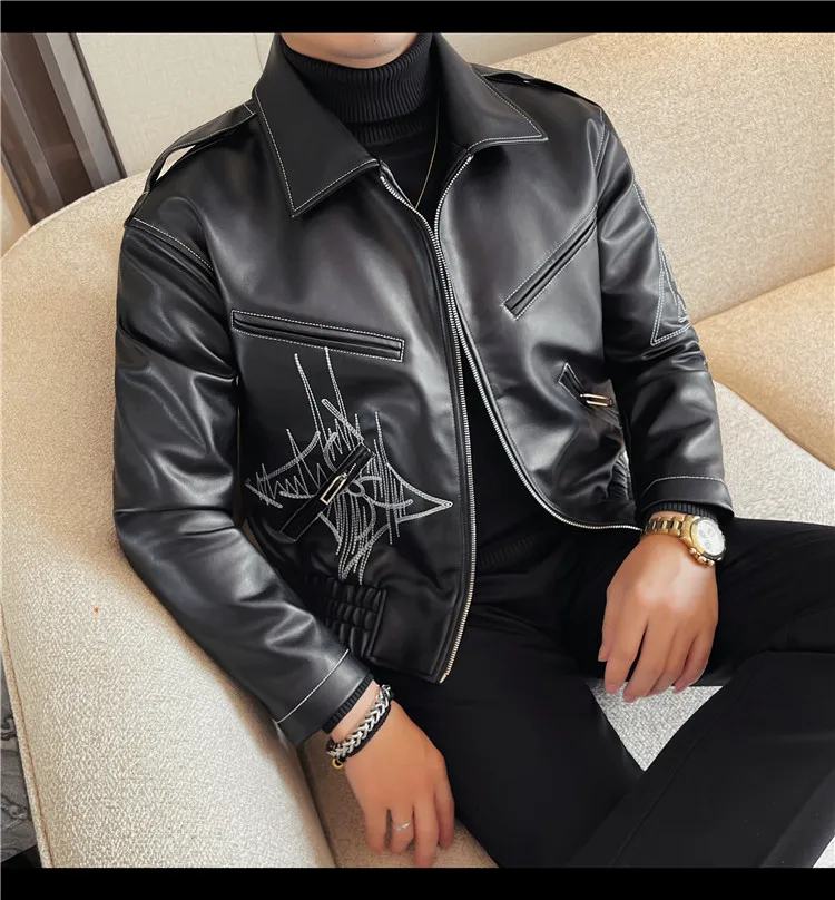 High Quality Fashion Men's Leather Jacket Coat New High-end Lapel Slim Fit Casual Embroidered Thick Jacket Top Men Clothing