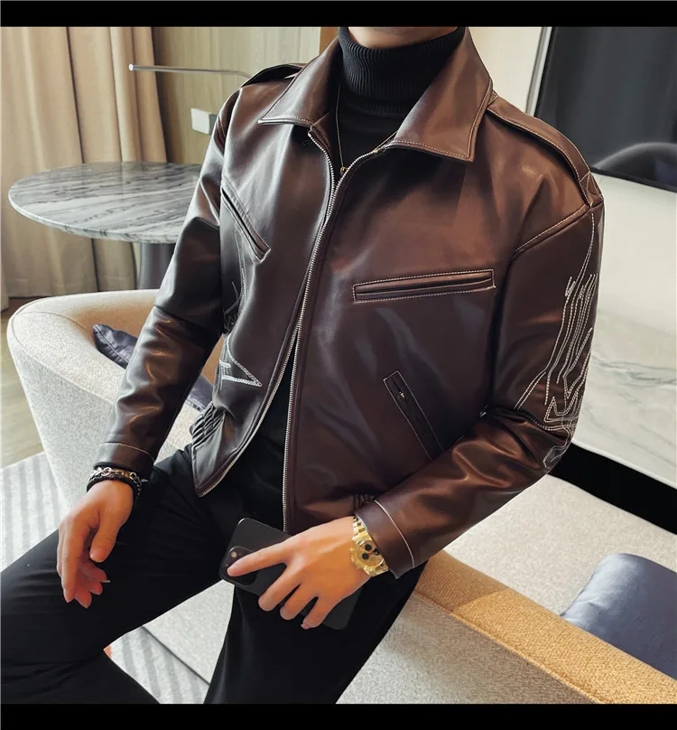 High Quality Fashion Men's Leather Jacket Coat New High-end Lapel Slim Fit Casual Embroidered Thick Jacket Top Men Clothing