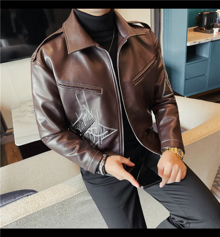 High Quality Fashion Men's Leather Jacket Coat New High-end Lapel Slim Fit Casual Embroidered Thick Jacket Top Men Clothing
