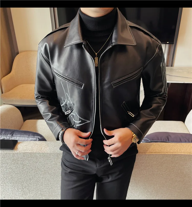 High Quality Fashion Men's Leather Jacket Coat New High-end Lapel Slim Fit Casual Embroidered Thick Jacket Top Men Clothing