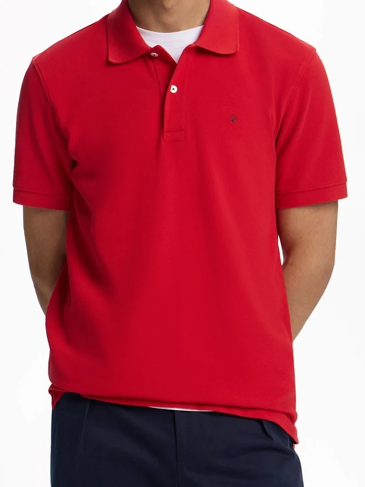CH Letter Embroidered Solid Color Short Sleeve Polo Shirt Men Regular Fit Sleek Texture Premium Cotton Tops