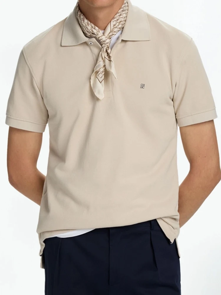 CH Letter Embroidered Solid Color Short Sleeve Polo Shirt Men Regular Fit Sleek Texture Premium Cotton Tops