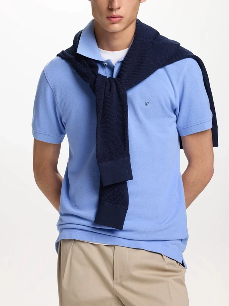 CH Letter Embroidered Solid Color Short Sleeve Polo Shirt Men Regular Fit Sleek Texture Premium Cotton Tops