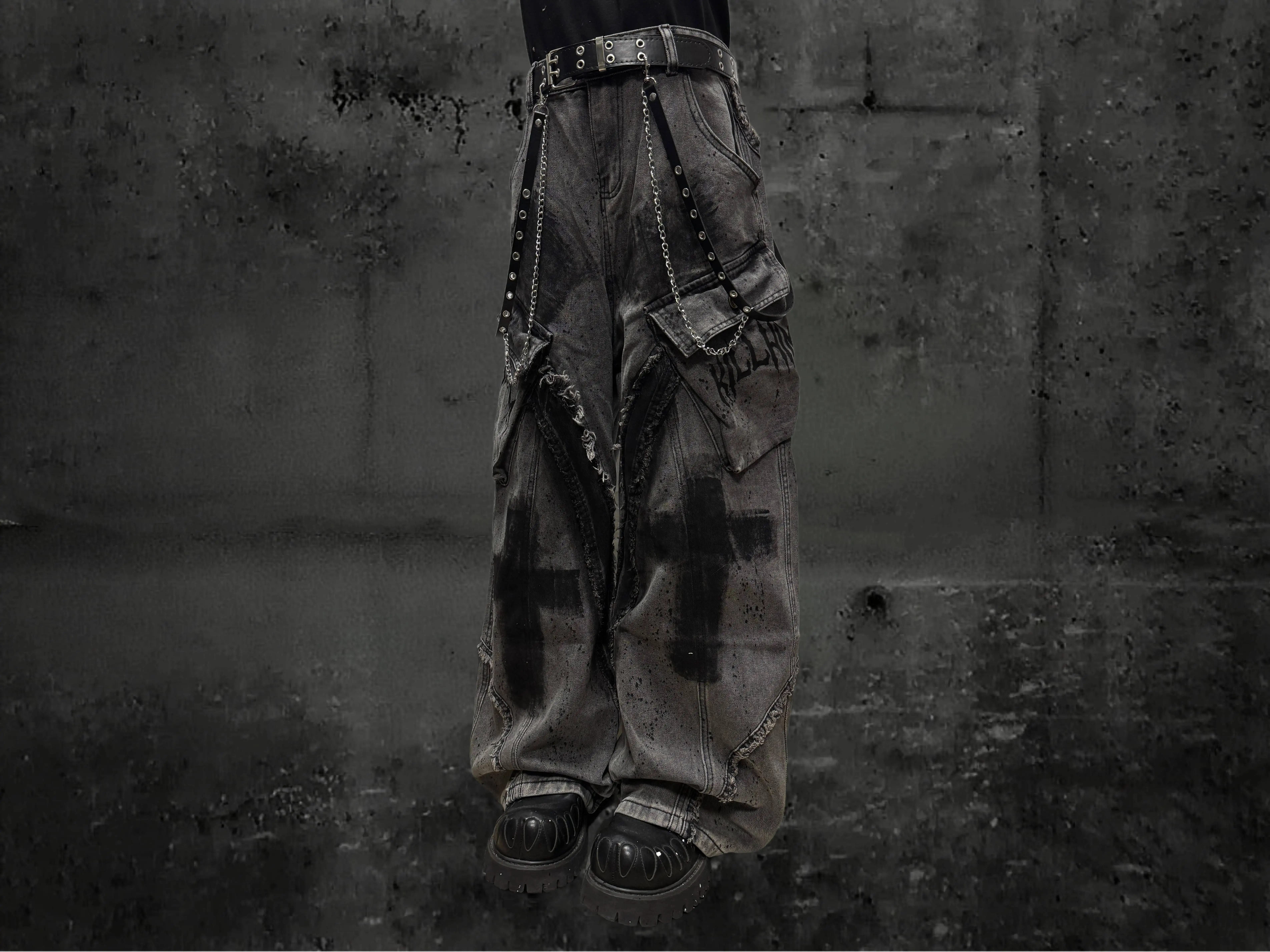 Unsiex Gothic Punk Jeans 2026 Distressed Splash Ink Jeans For Women Men Y2K Graffiti Wide Leg Pants Loose Fit Washed Denim