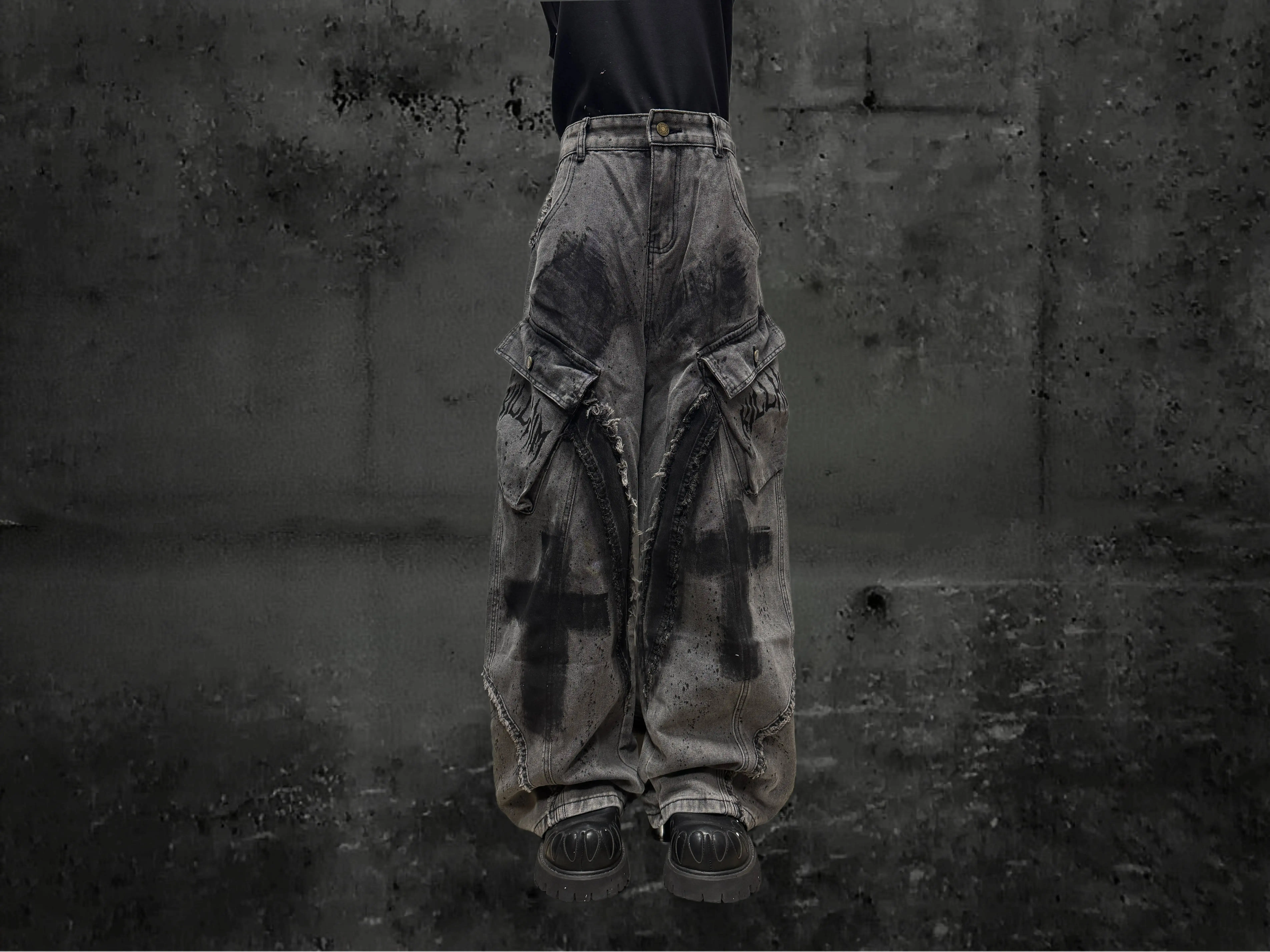 Unsiex Gothic Punk Jeans 2026 Distressed Splash Ink Jeans For Women Men Y2K Graffiti Wide Leg Pants Loose Fit Washed Denim