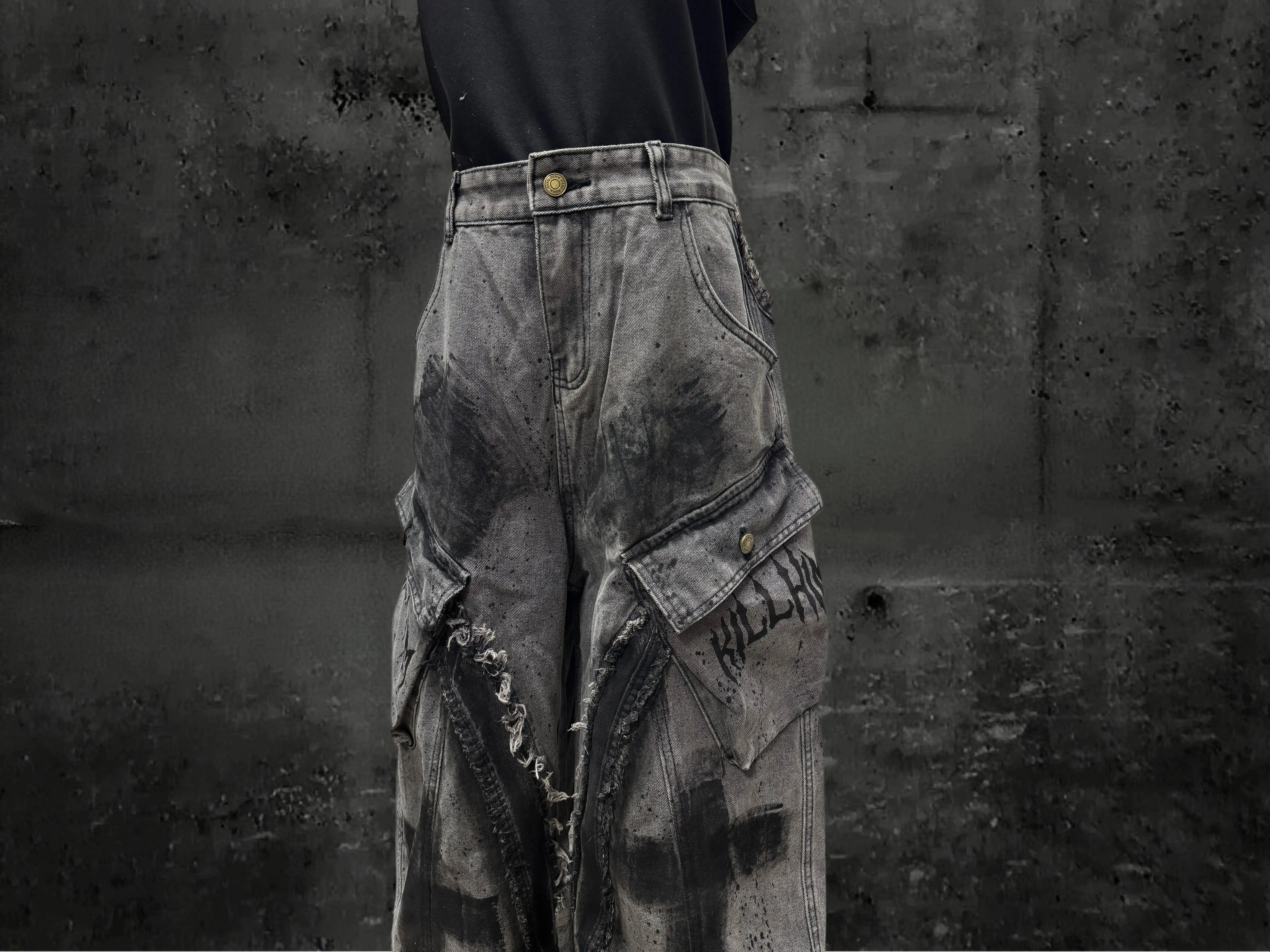 Unsiex Gothic Punk Jeans 2026 Distressed Splash Ink Jeans For Women Men Y2K Graffiti Wide Leg Pants Loose Fit Washed Denim
