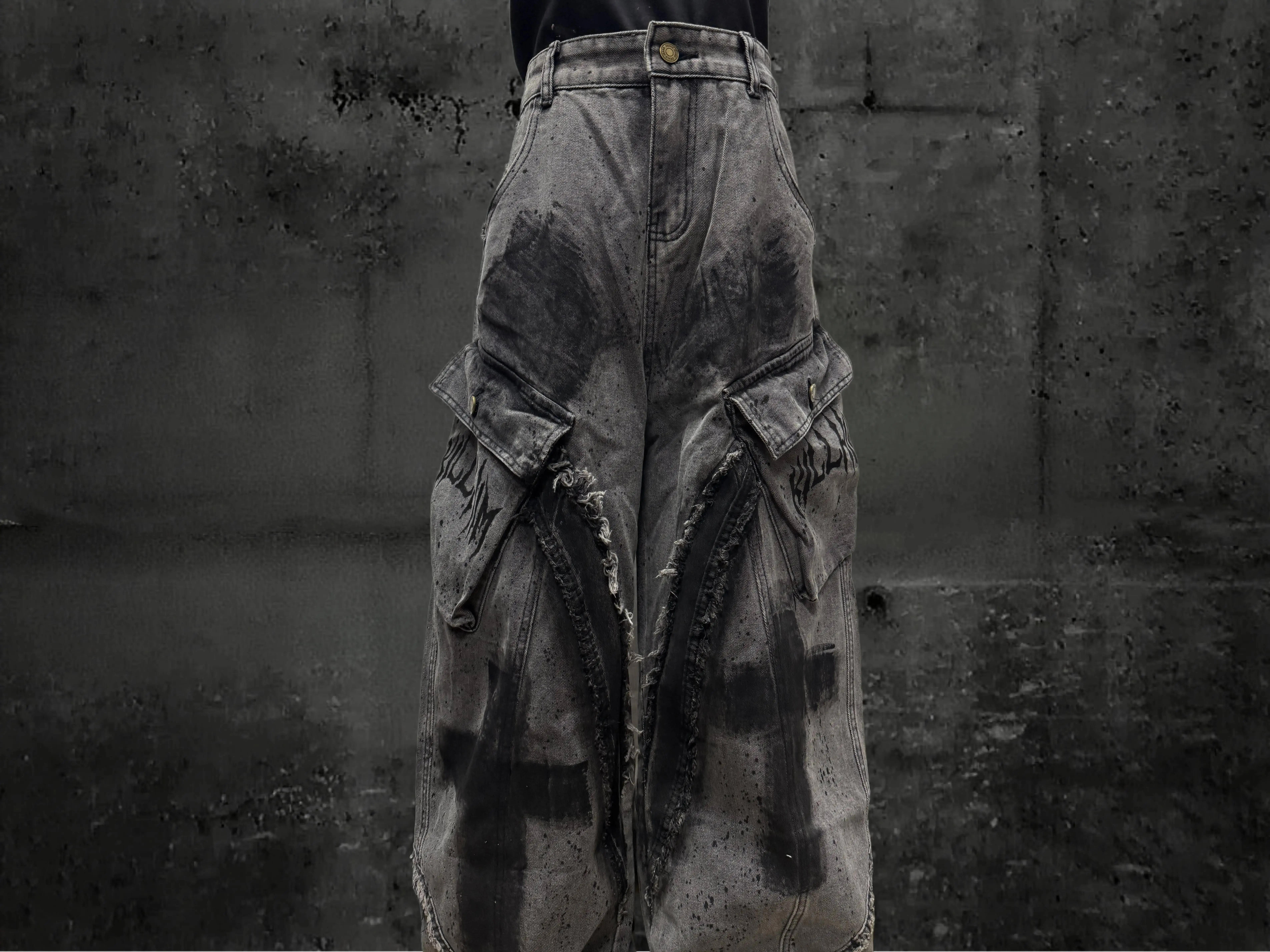Unsiex Gothic Punk Jeans 2026 Distressed Splash Ink Jeans For Women Men Y2K Graffiti Wide Leg Pants Loose Fit Washed Denim