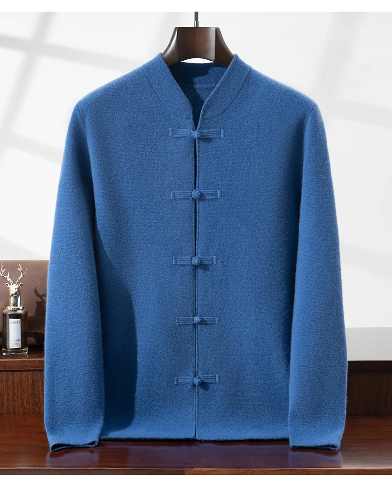 100% Pure Wool Chinese Style Buckle Cardigan Men Sweater Casual Comfort Knitted Long Sleeve Men's Wool Sweater Spring Autumn Coa