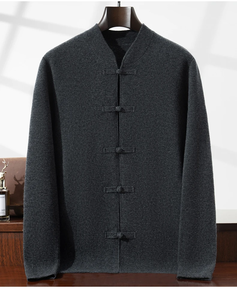 100% Pure Wool Chinese Style Buckle Cardigan Men Sweater Casual Comfort Knitted Long Sleeve Men's Wool Sweater Spring Autumn Coa