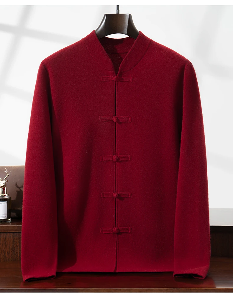 100% Pure Wool Chinese Style Buckle Cardigan Men Sweater Casual Comfort Knitted Long Sleeve Men's Wool Sweater Spring Autumn Coa