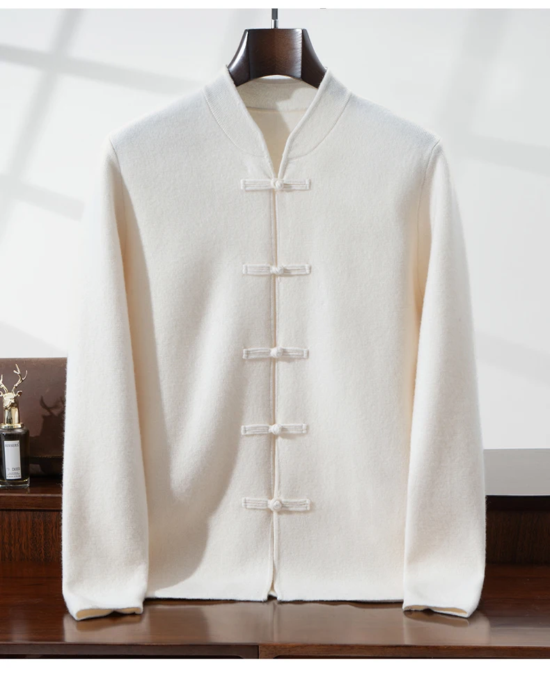 100% Pure Wool Chinese Style Buckle Cardigan Men Sweater Casual Comfort Knitted Long Sleeve Men's Wool Sweater Spring Autumn Coa