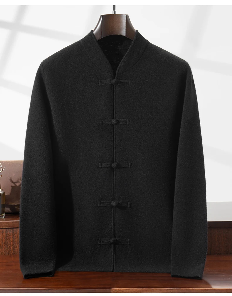 100% Pure Wool Chinese Style Buckle Cardigan Men Sweater Casual Comfort Knitted Long Sleeve Men's Wool Sweater Spring Autumn Coa