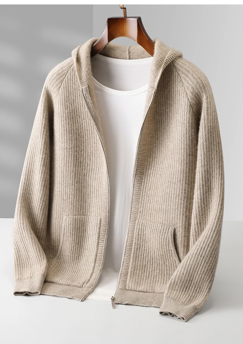 New Men's Thick Zipper Hoodie Cardigan100% Merino Wool Knitted Sweater Casual Loose Autumn/Winter Warm Hoodie Long Sleeve Jacket