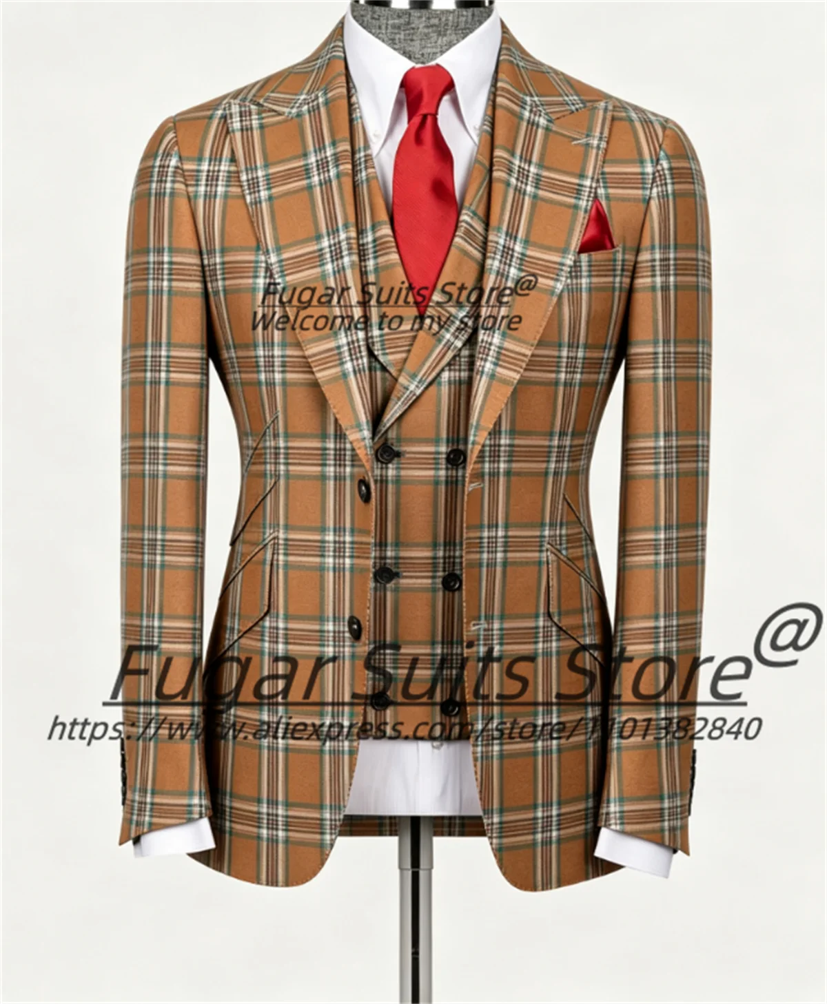 Business Vintage Brown Teal Plaid Men Suits Customized Slim Fit Peak Lapel Groom Wedding Tuxedos Male Prom Blazers 3 Pieces Sets