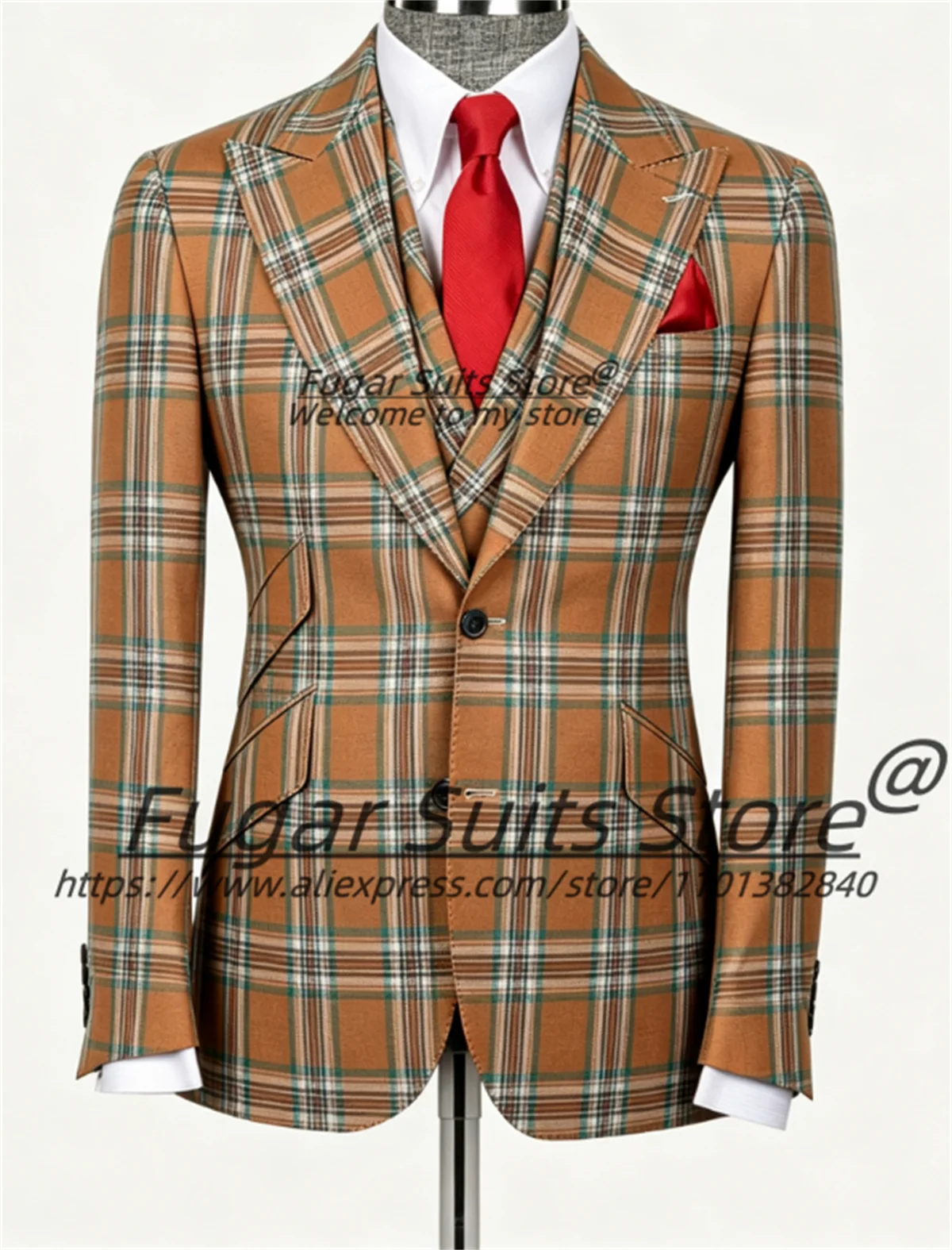 Business Vintage Brown Teal Plaid Men Suits Customized Slim Fit Peak Lapel Groom Wedding Tuxedos Male Prom Blazers 3 Pieces Sets