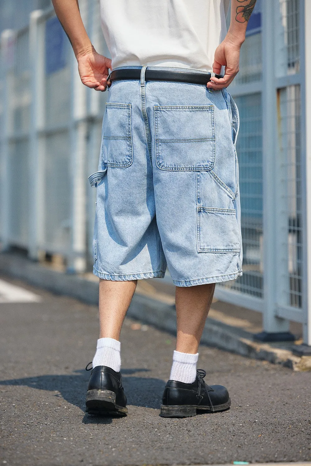 12oz Summer Japanese Workwear Style | 26SS B01 Washed Slub Cotton Cargo Six-Tenths Length Denim Shorts (Unisex) Jeans for Men