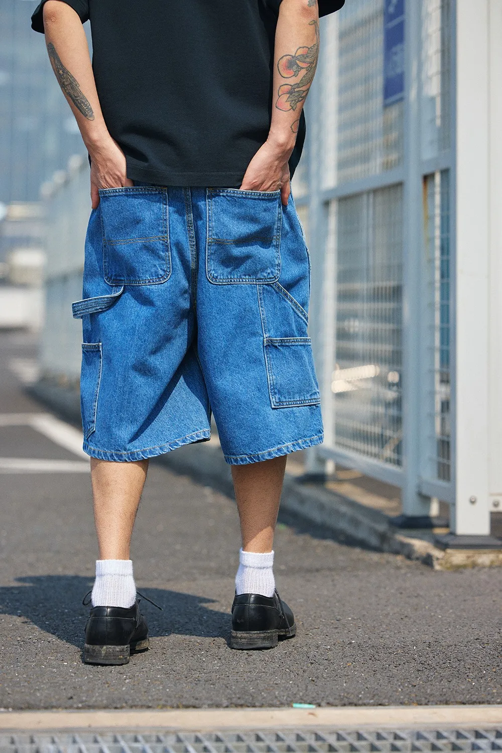 12oz Summer Japanese Workwear Style | 26SS B01 Washed Slub Cotton Cargo Six-Tenths Length Denim Shorts (Unisex) Jeans for Men