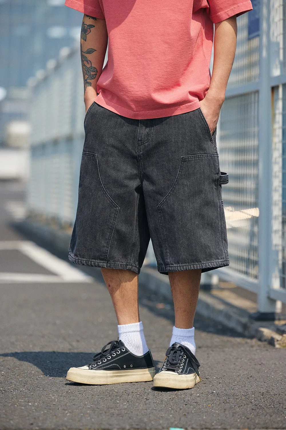 12oz Summer Japanese Workwear Style | 26SS B01 Washed Slub Cotton Cargo Six-Tenths Length Denim Shorts (Unisex) Jeans for Men