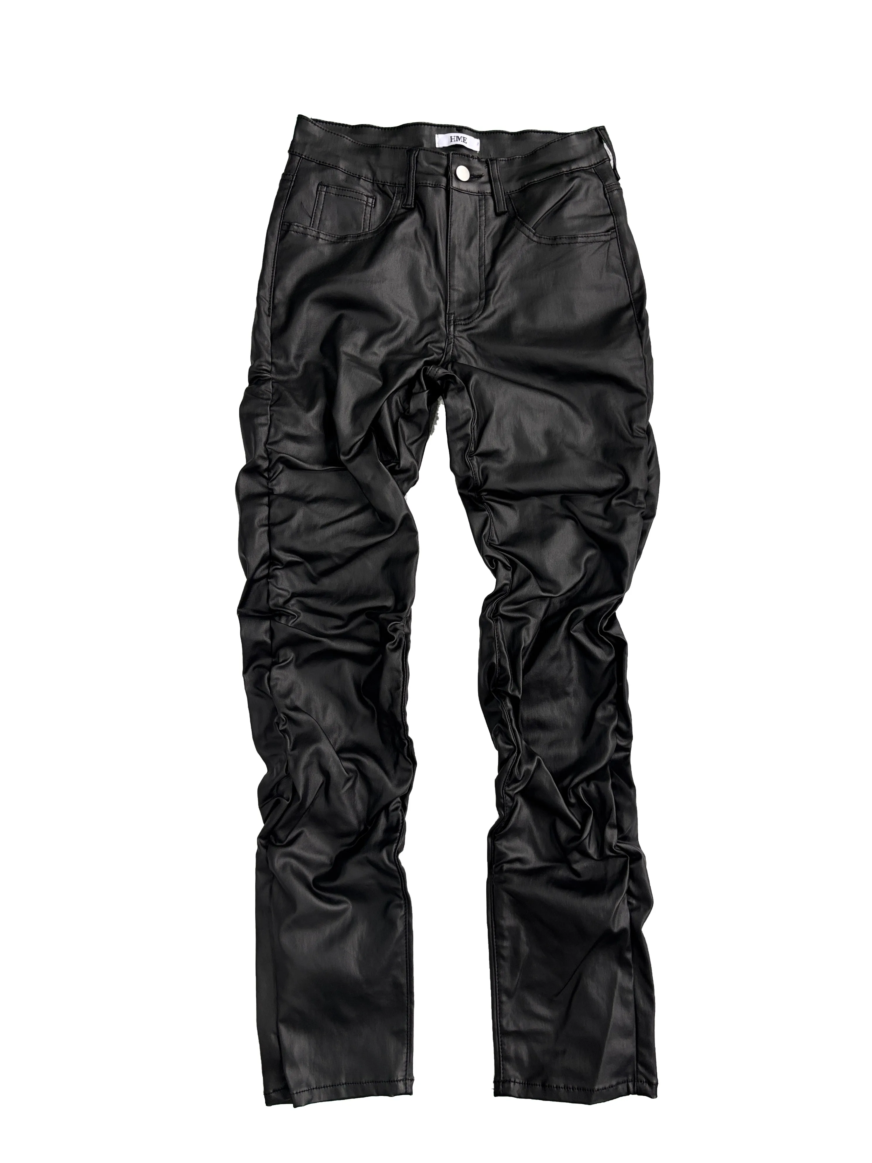 【HME】Men's Jeans | Black Wax Coated Denim Pants, Faux‑Leather Look Stacked Ruched Denim Jeans For Men, Full‑Length Wrinkle Pleat Design, Tough Coated Denim Fabric, Street‑Fashion Stacked Fit Male Trousers