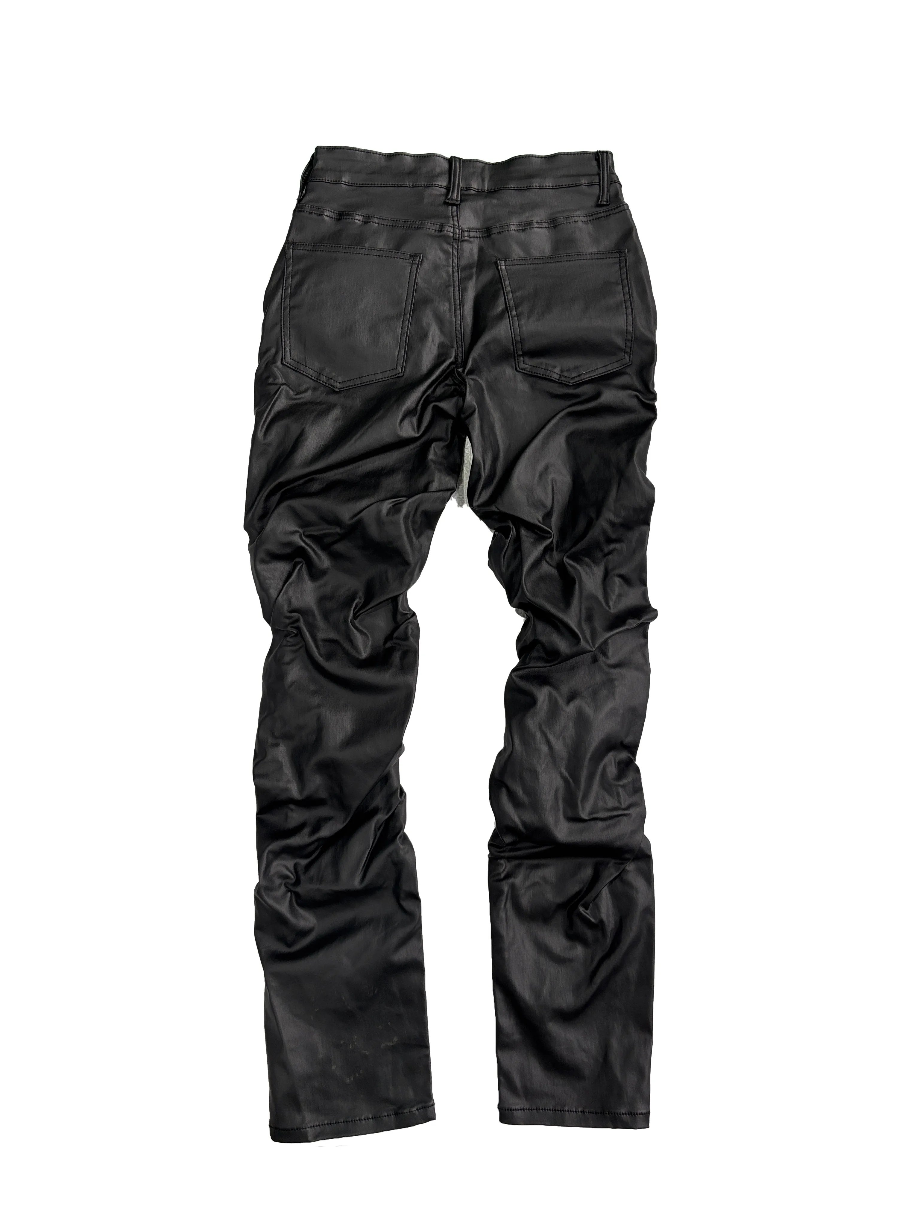 【HME】Men's Jeans | Black Wax Coated Denim Pants, Faux‑Leather Look Stacked Ruched Denim Jeans For Men, Full‑Length Wrinkle Pleat Design, Tough Coated Denim Fabric, Street‑Fashion Stacked Fit Male Trousers