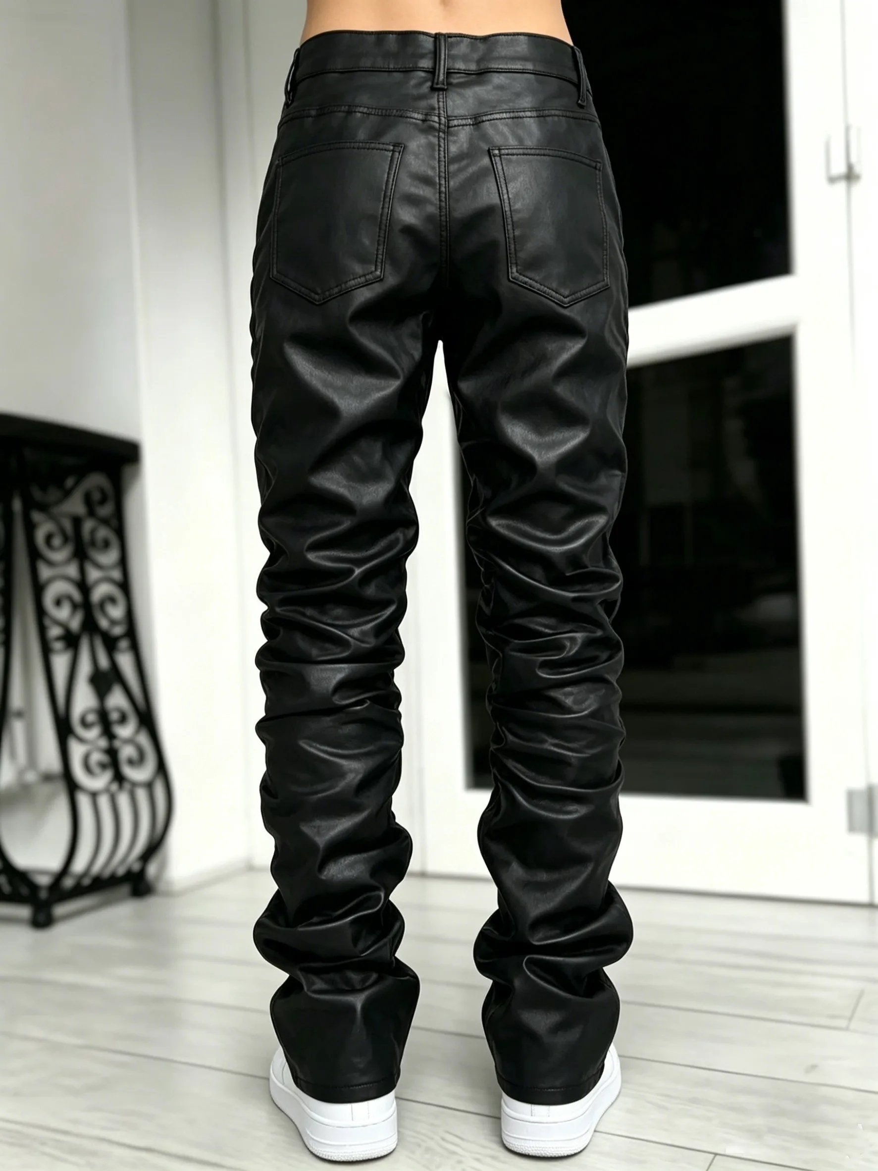 【HME】Men's Jeans | Black Wax Coated Denim Pants, Faux‑Leather Look Stacked Ruched Denim Jeans For Men, Full‑Length Wrinkle Pleat Design, Tough Coated Denim Fabric, Street‑Fashion Stacked Fit Male Trousers