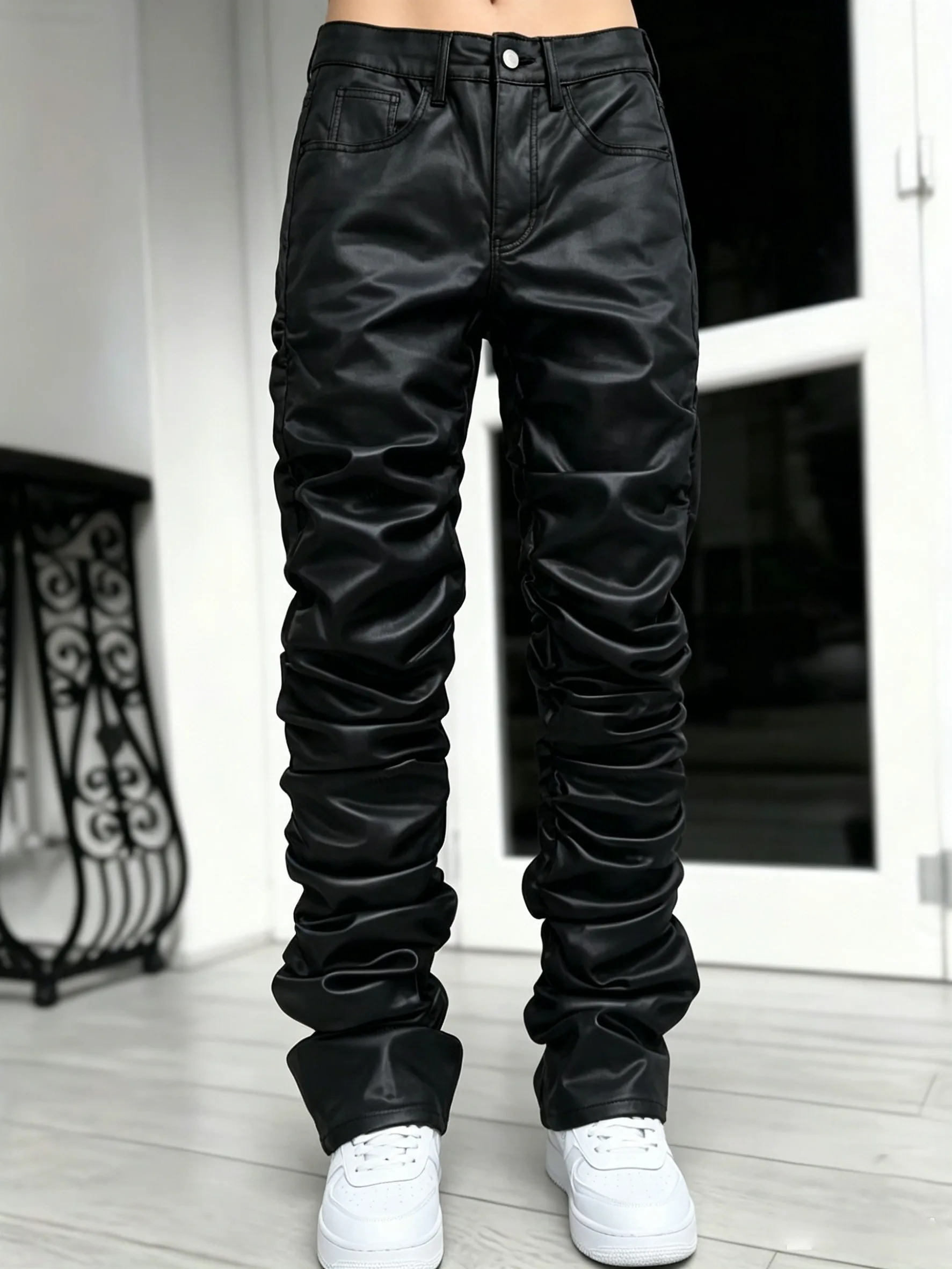 【HME】Men's Jeans | Black Wax Coated Denim Pants, Faux‑Leather Look Stacked Ruched Denim Jeans For Men, Full‑Length Wrinkle Pleat Design, Tough Coated Denim Fabric, Street‑Fashion Stacked Fit Male Trousers