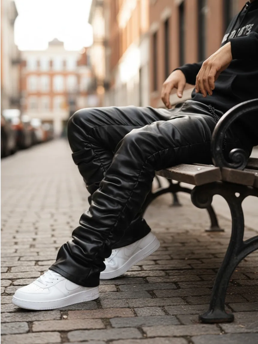【HME】Men's Jeans | Black Wax Coated Denim Pants, Faux‑Leather Look Stacked Ruched Denim Jeans For Men, Full‑Length Wrinkle Pleat Design, Tough Coated Denim Fabric, Street‑Fashion Stacked Fit Male Trousers