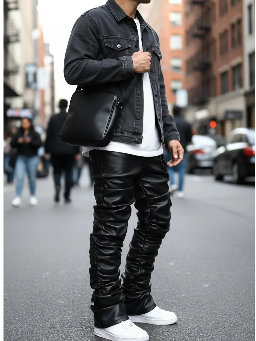 【HME】Men's Jeans | Black Wax Coated Denim Pants, Faux‑Leather Look Stacked Ruched Denim Jeans For Men, Full‑Length Wrinkle Pleat Design, Tough Coated Denim Fabric, Street‑Fashion Stacked Fit Male Trousers