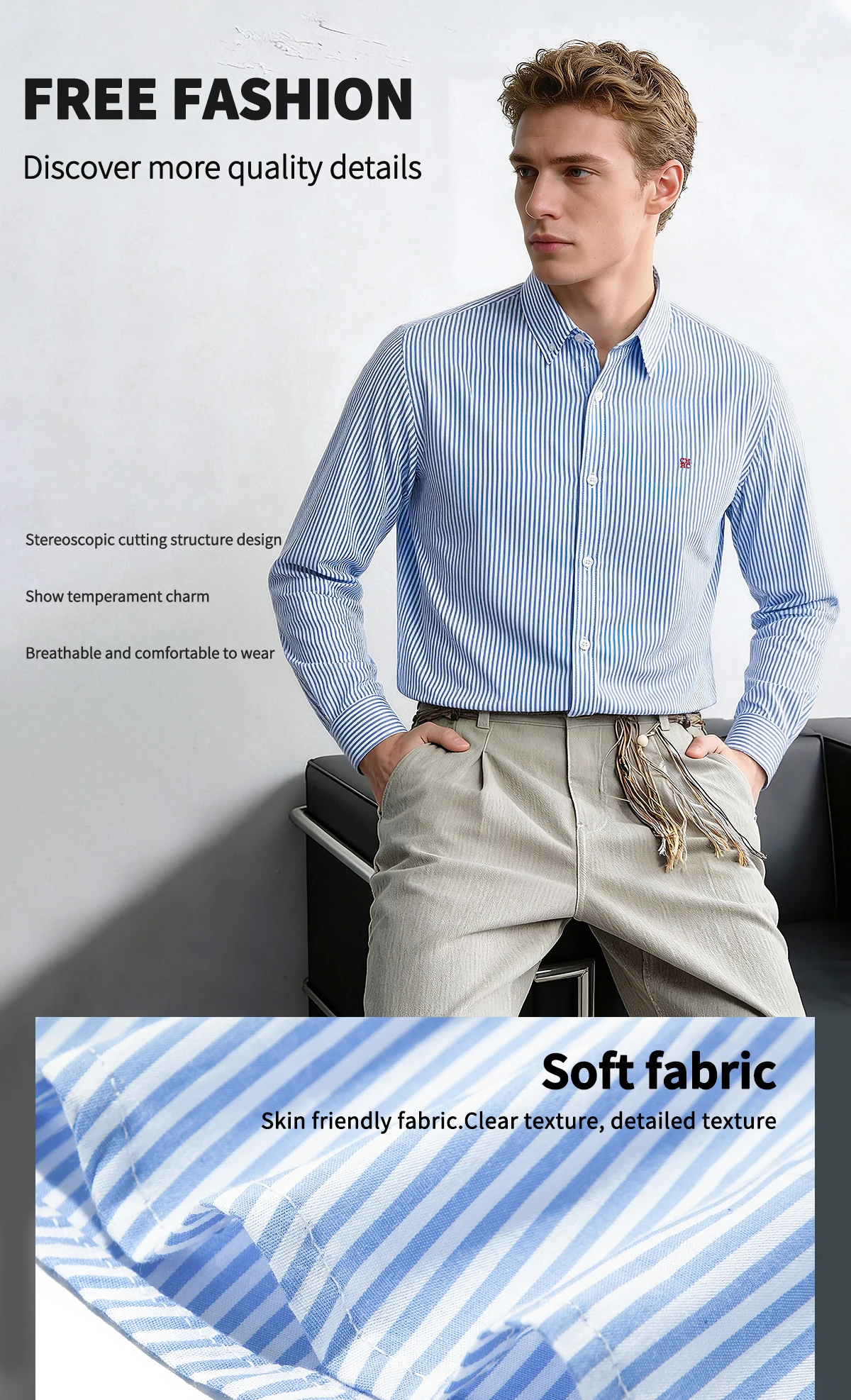 Men's Shirt Business Thin Stripe Design Classic Casual Men's Long Sleeved Blouses Elegant Commuting Single Breasted Men's Shirt