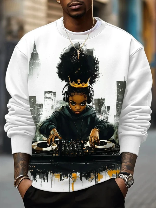 Men's Sweatshirt 3D Art Music DJ Graphic Long Sleeve Print T-Shirt Loose Crew Neck Hoodie Large Size Men's Clothing Tops