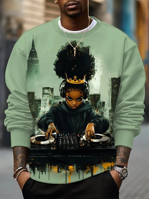 Men's Sweatshirt 3D Art Music DJ Graphic Long Sleeve Print T-Shirt Loose Crew Neck Hoodie Large Size Men's Clothing Tops