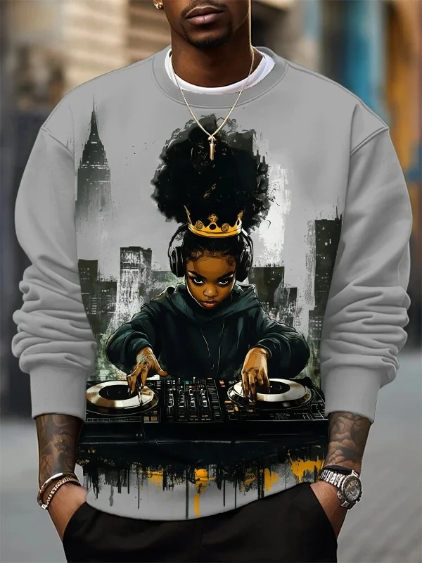 Men's Sweatshirt 3D Art Music DJ Graphic Long Sleeve Print T-Shirt Loose Crew Neck Hoodie Large Size Men's Clothing Tops
