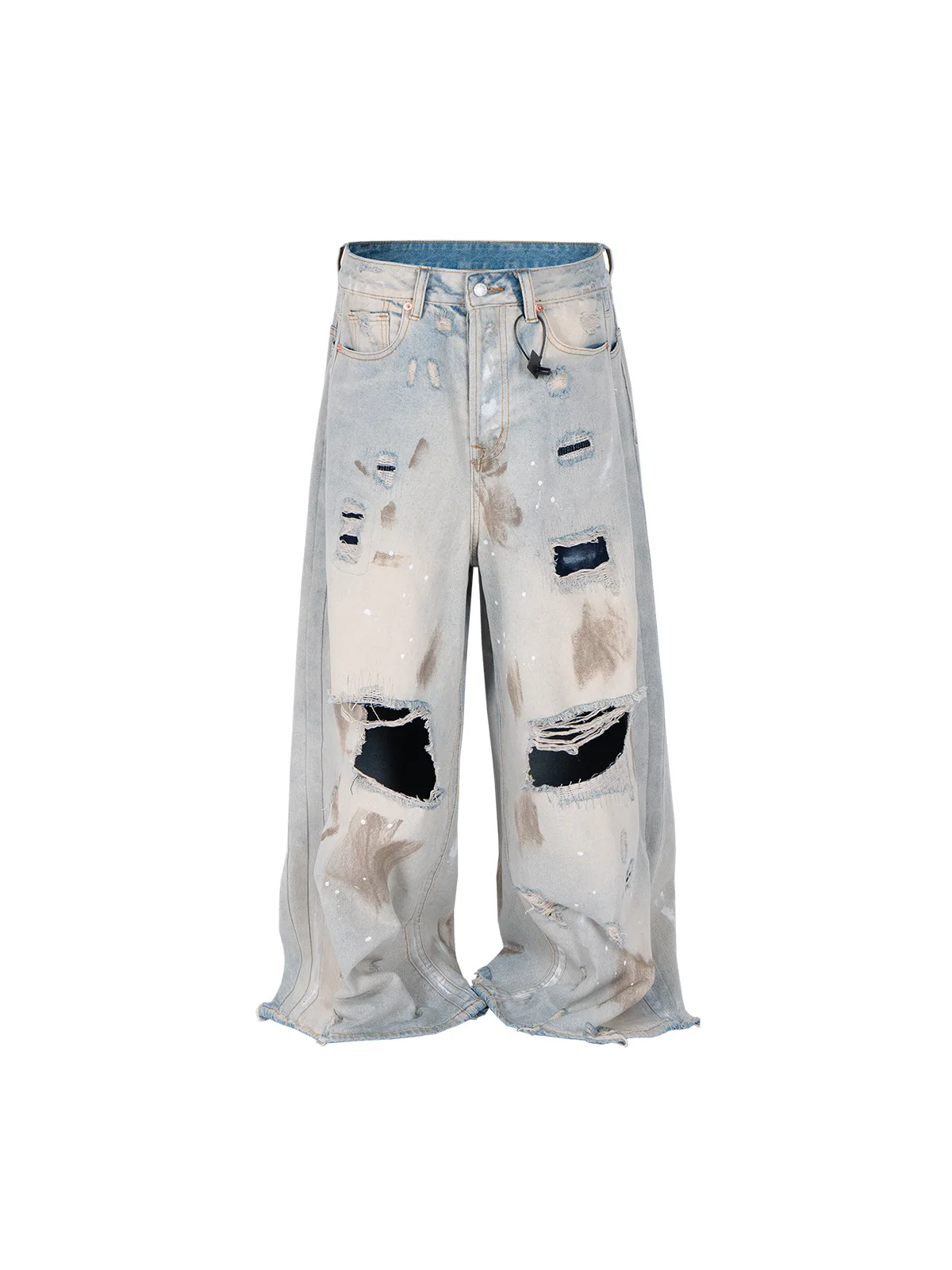 MIJKO Silhouette Floor Length Hole Patched Mud-Dyed Jeans ZJ063