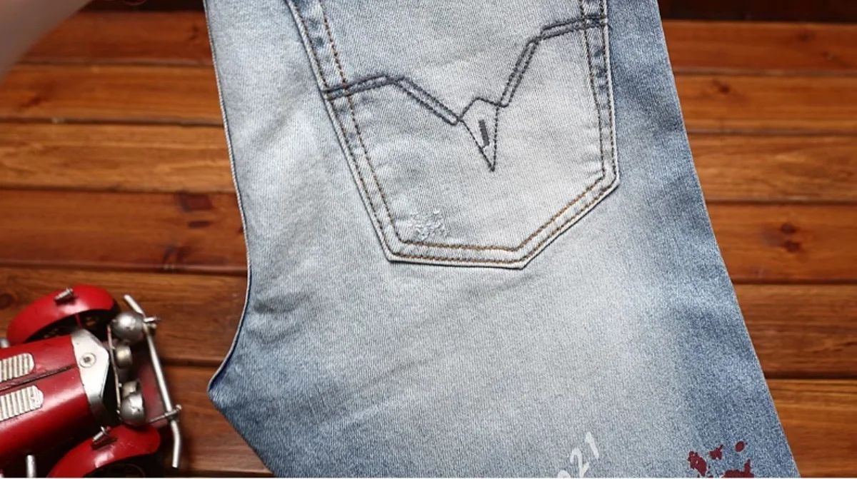 Fashionable printed jeans for men, retro blue, elastic, slim fit, small feet, street fashion, high-end denim, casual pants
