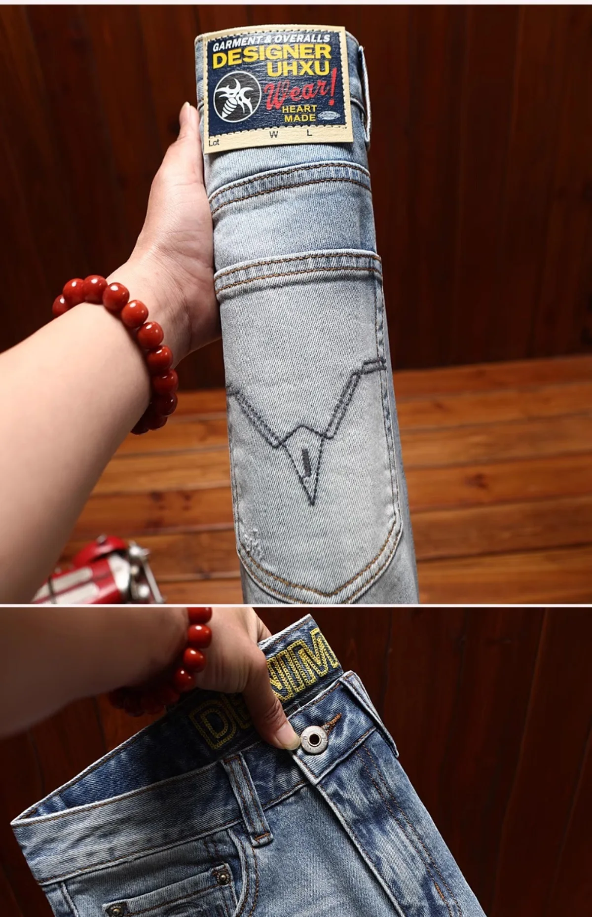 Fashionable printed jeans for men, retro blue, elastic, slim fit, small feet, street fashion, high-end denim, casual pants