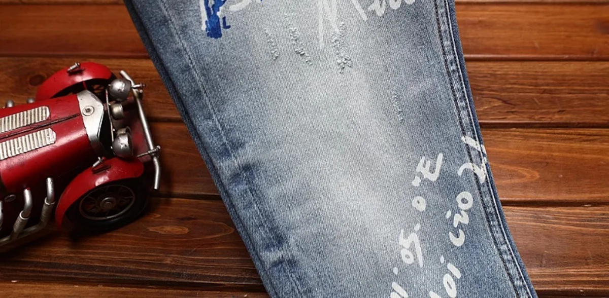 Fashionable printed jeans for men, retro blue, elastic, slim fit, small feet, street fashion, high-end denim, casual pants