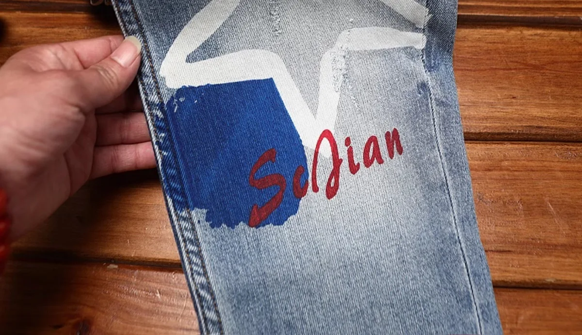 Fashionable printed jeans for men, retro blue, elastic, slim fit, small feet, street fashion, high-end denim, casual pants