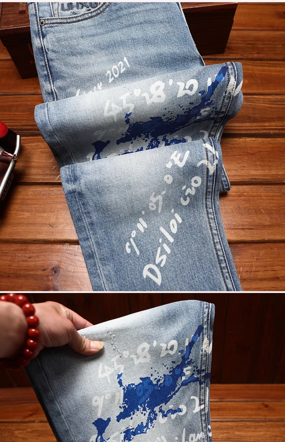 Fashionable printed jeans for men, retro blue, elastic, slim fit, small feet, street fashion, high-end denim, casual pants