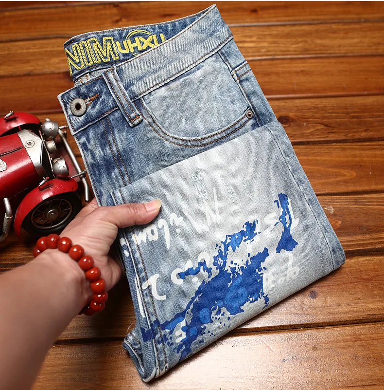 Fashionable printed jeans for men, retro blue, elastic, slim fit, small feet, street fashion, high-end denim, casual pants