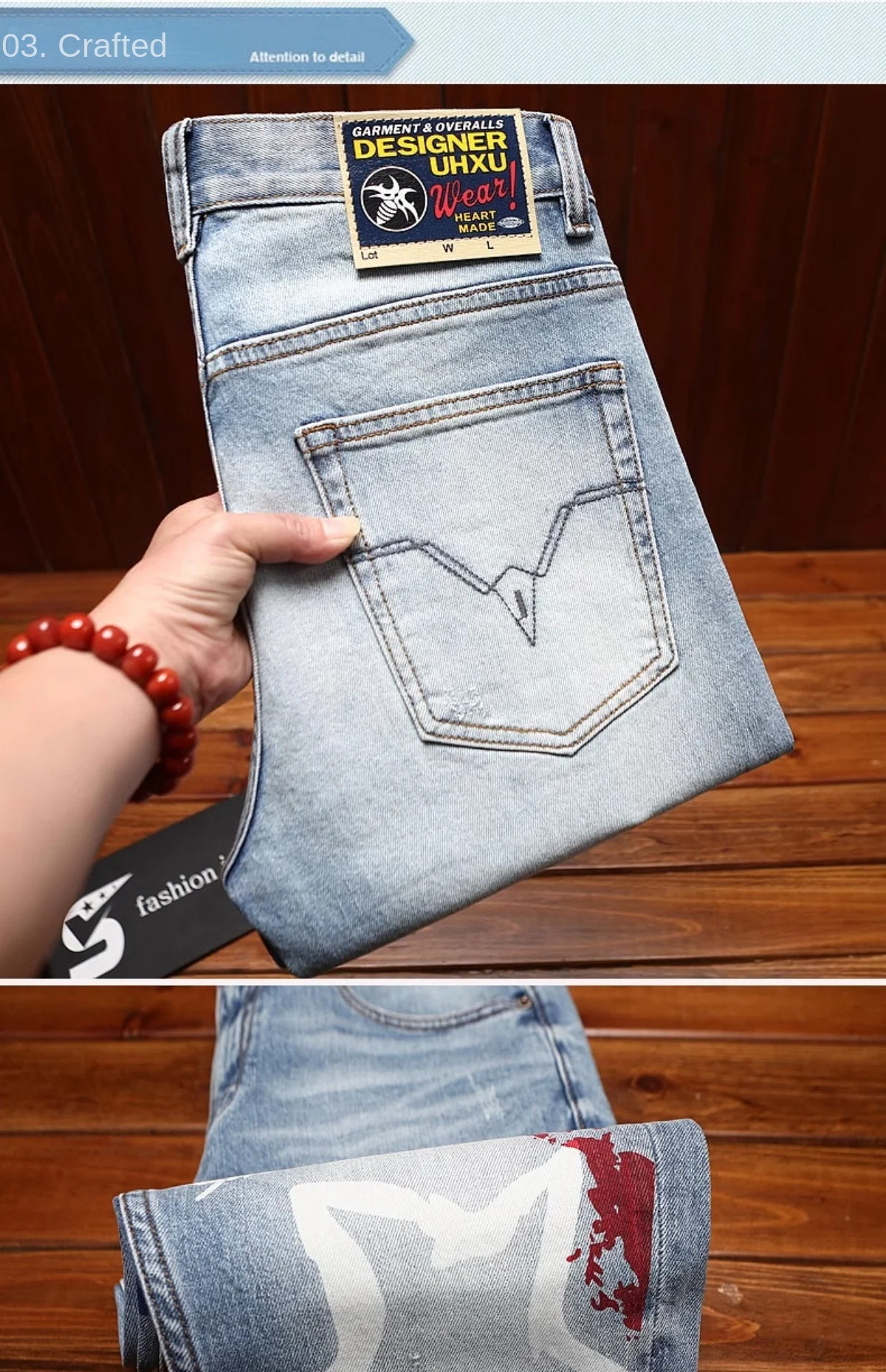 Fashionable printed jeans for men, retro blue, elastic, slim fit, small feet, street fashion, high-end denim, casual pants