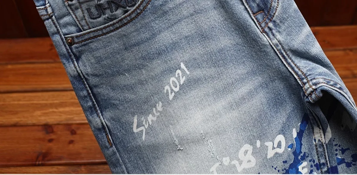 Fashionable printed jeans for men, retro blue, elastic, slim fit, small feet, street fashion, high-end denim, casual pants